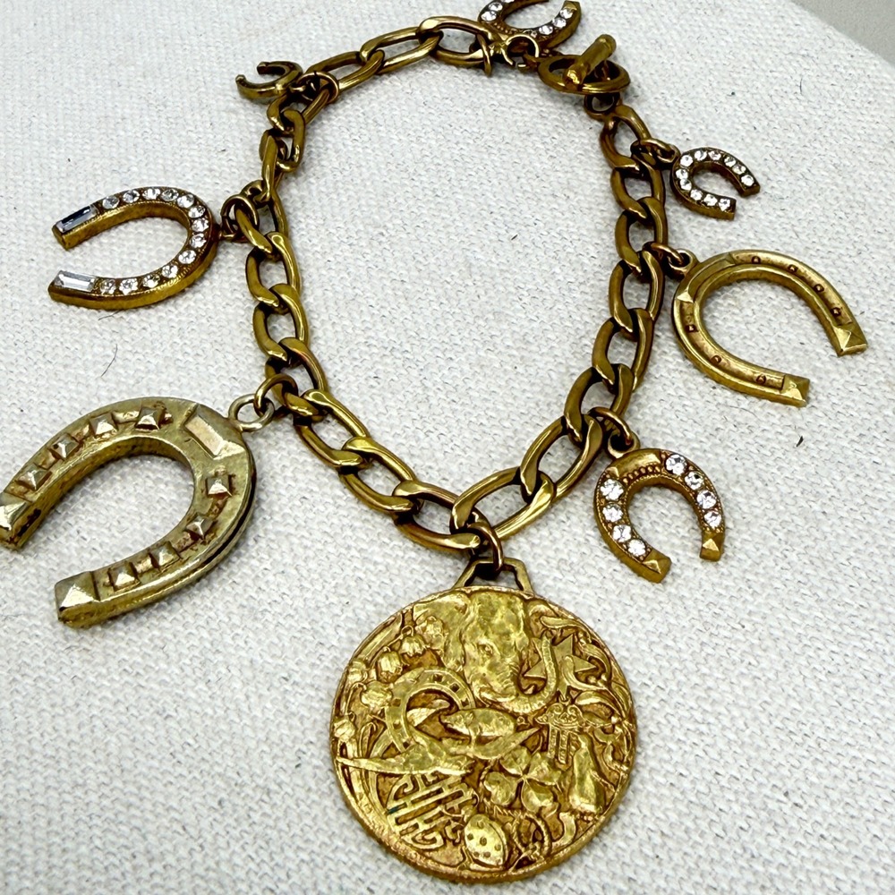 Lucky Token Charm Bracelet‎ Horseshoes Elephant Coin Toggle Clasp Gold Tone